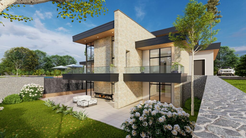 A modern house with faux stone siding