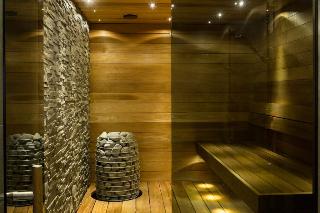 A stylish bathroom accent wall covered in imitation stone panels